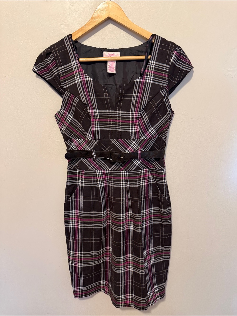Candie's Black Plaid Midi Dress with Pink & White Stripes
